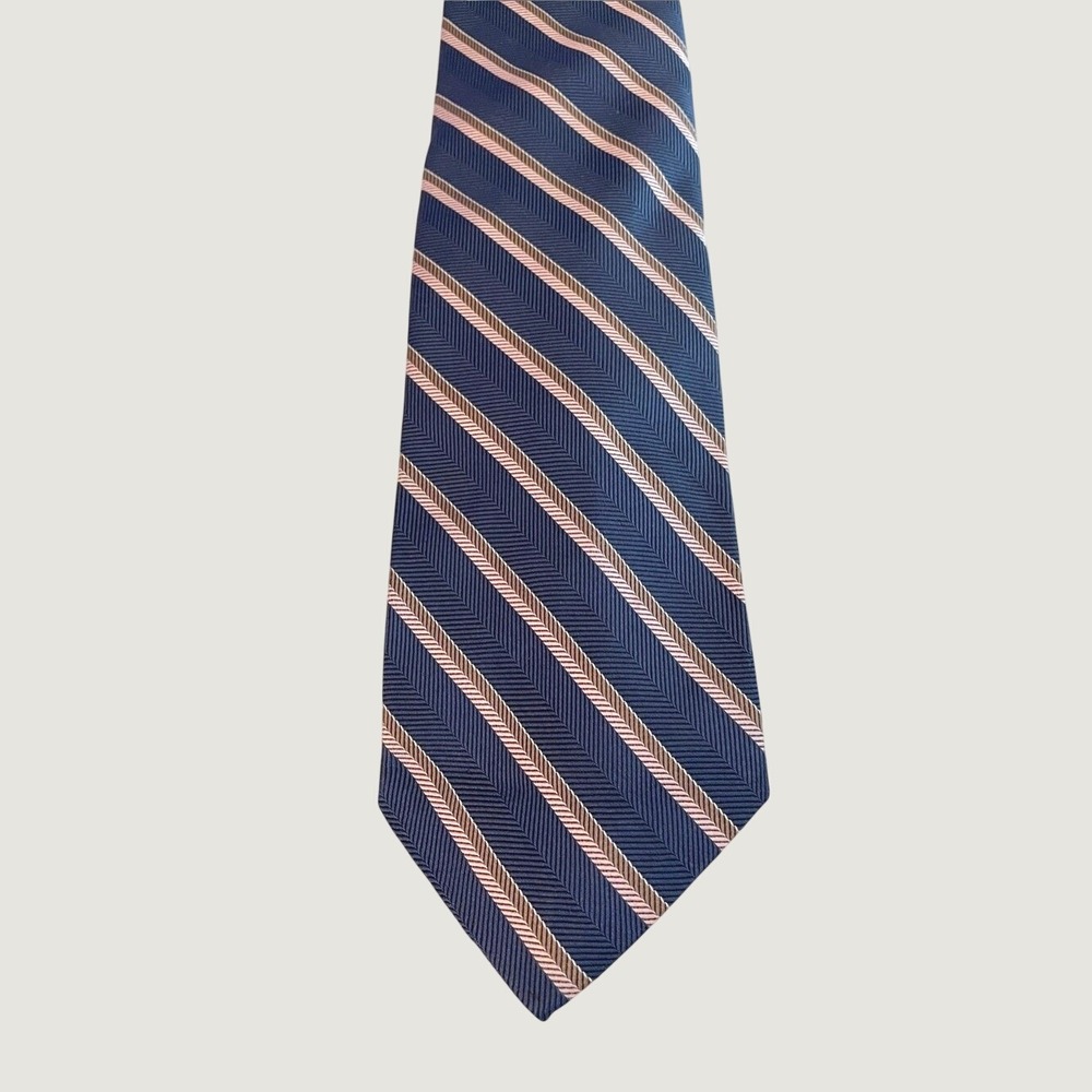 Christian Dior Cravates Mens‎ Silk Tie Navy Blue Pink Tan Striped Herringbone